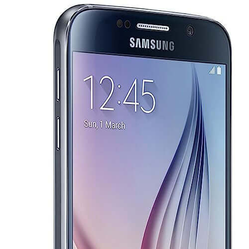 Samsung Galaxy S6 32GB smartphone displaying time and date, featuring black sapphire color and sleek design.