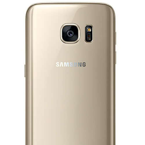 Samsung Galaxy S7 smartphone in Gold Platinum color, showcasing the back design and camera features.