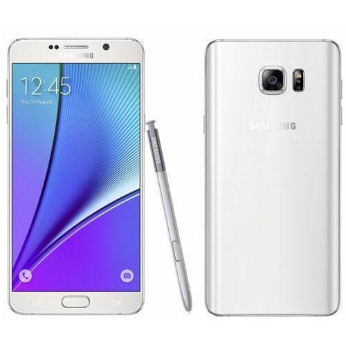 Samsung Galaxy Note 5 32GB smartphone with stylus in White Pearl color, showcasing front and back design.