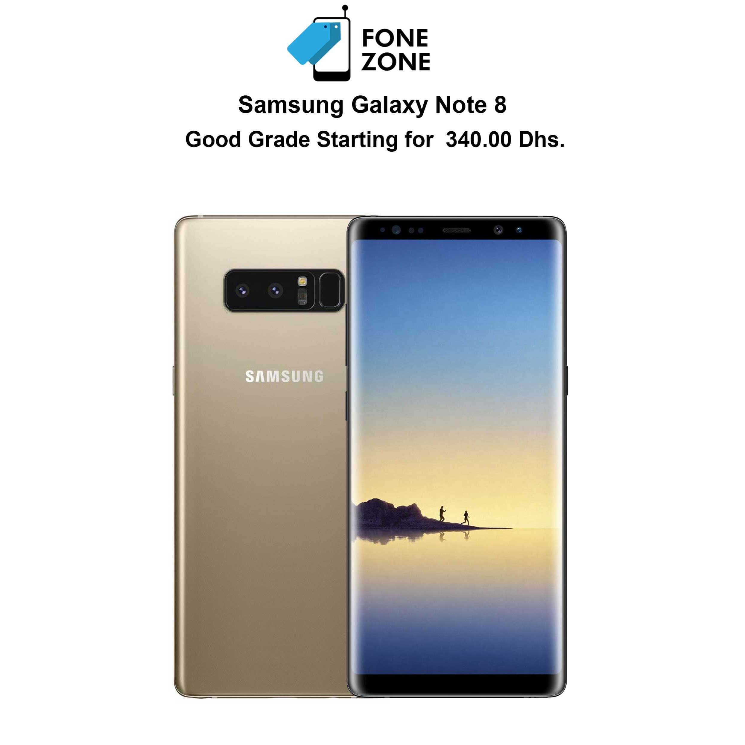 Samsung Galaxy Note 8 - Maple Gold color showing front and back view, available for purchase at Fone Zone.