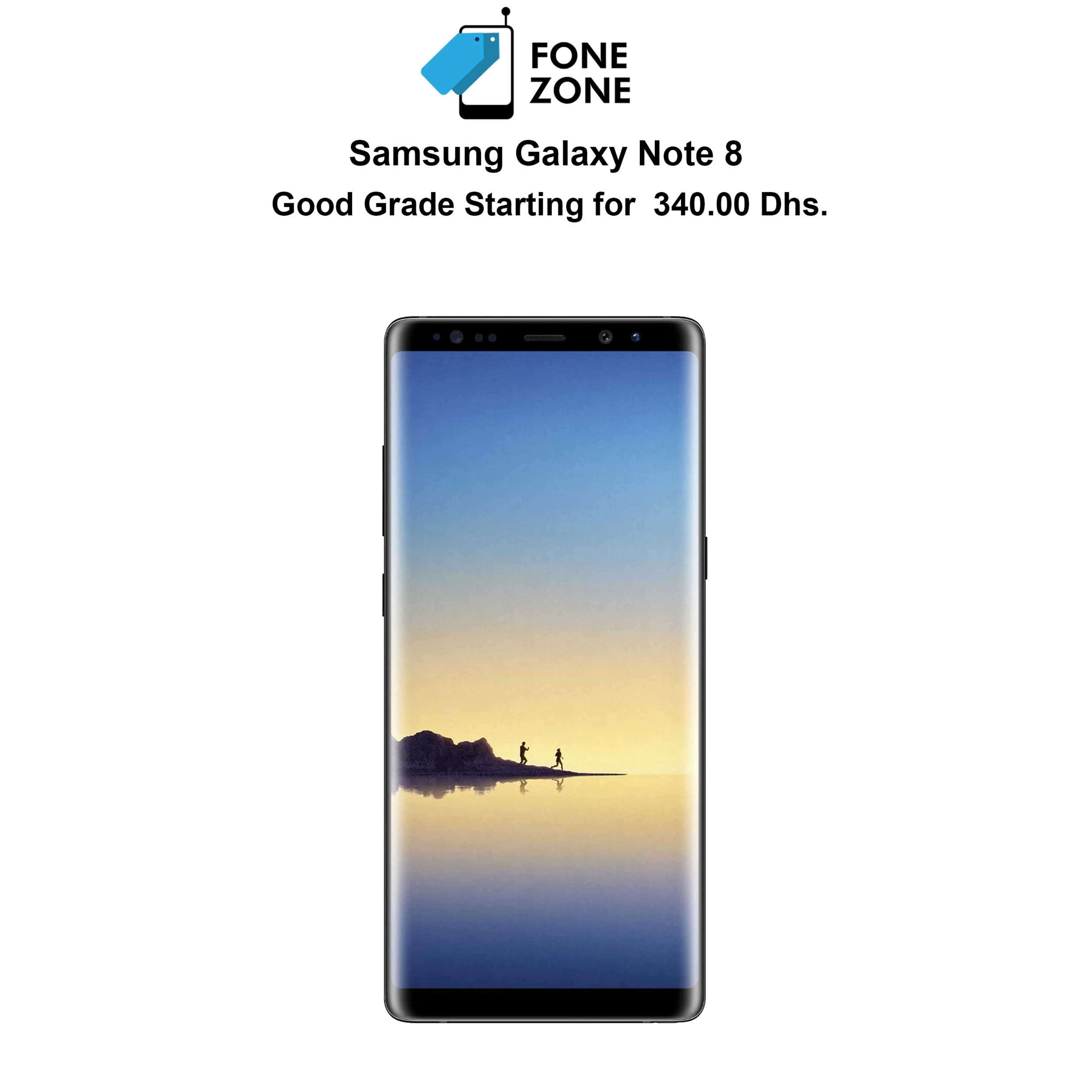 Samsung Galaxy Note 8 smartphone front view with gradient display, priced starting at 340.00 Dhs from Fone Zone.