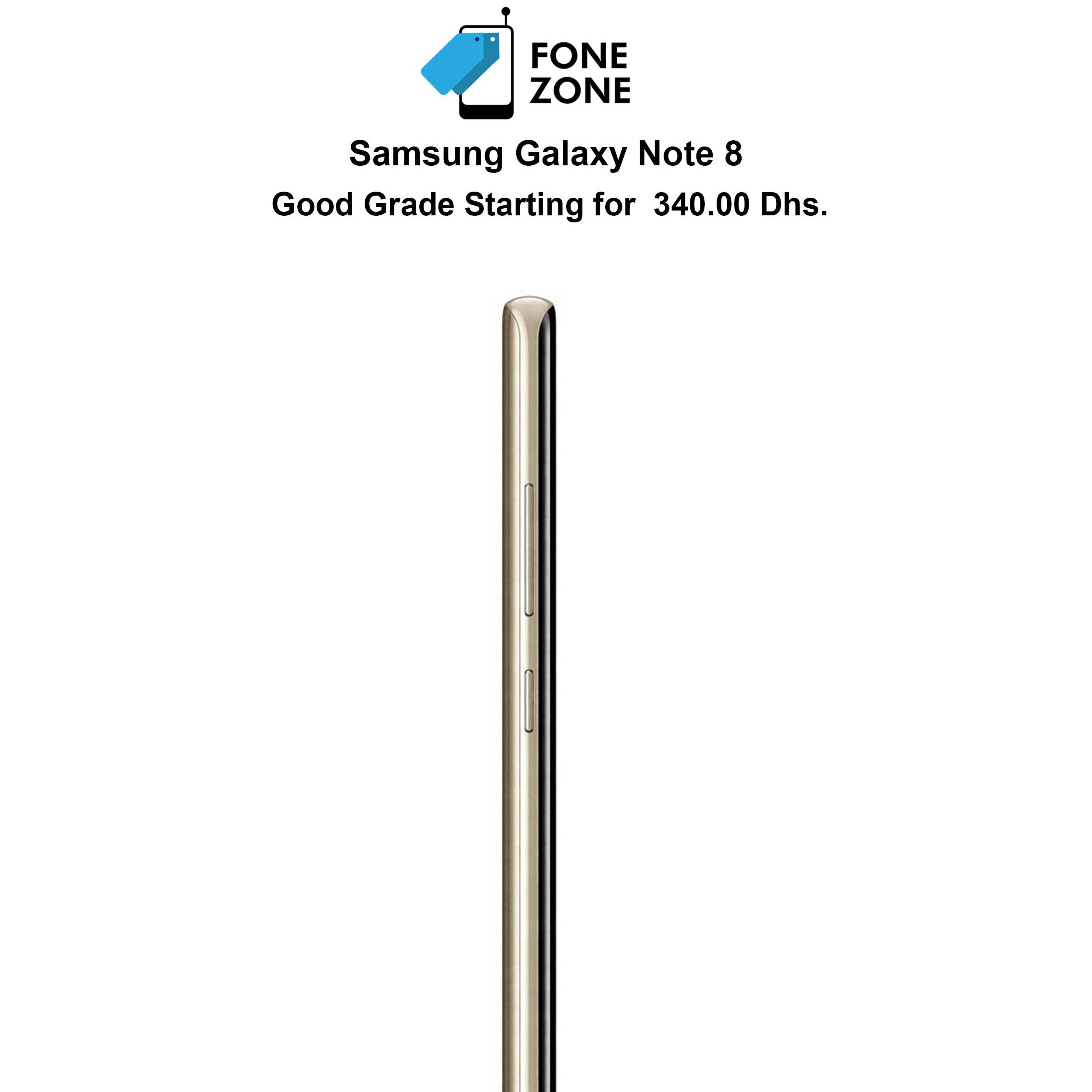 Samsung Galaxy Note 8 side view with pricing information in Maple Gold color, highlighting features and offers.