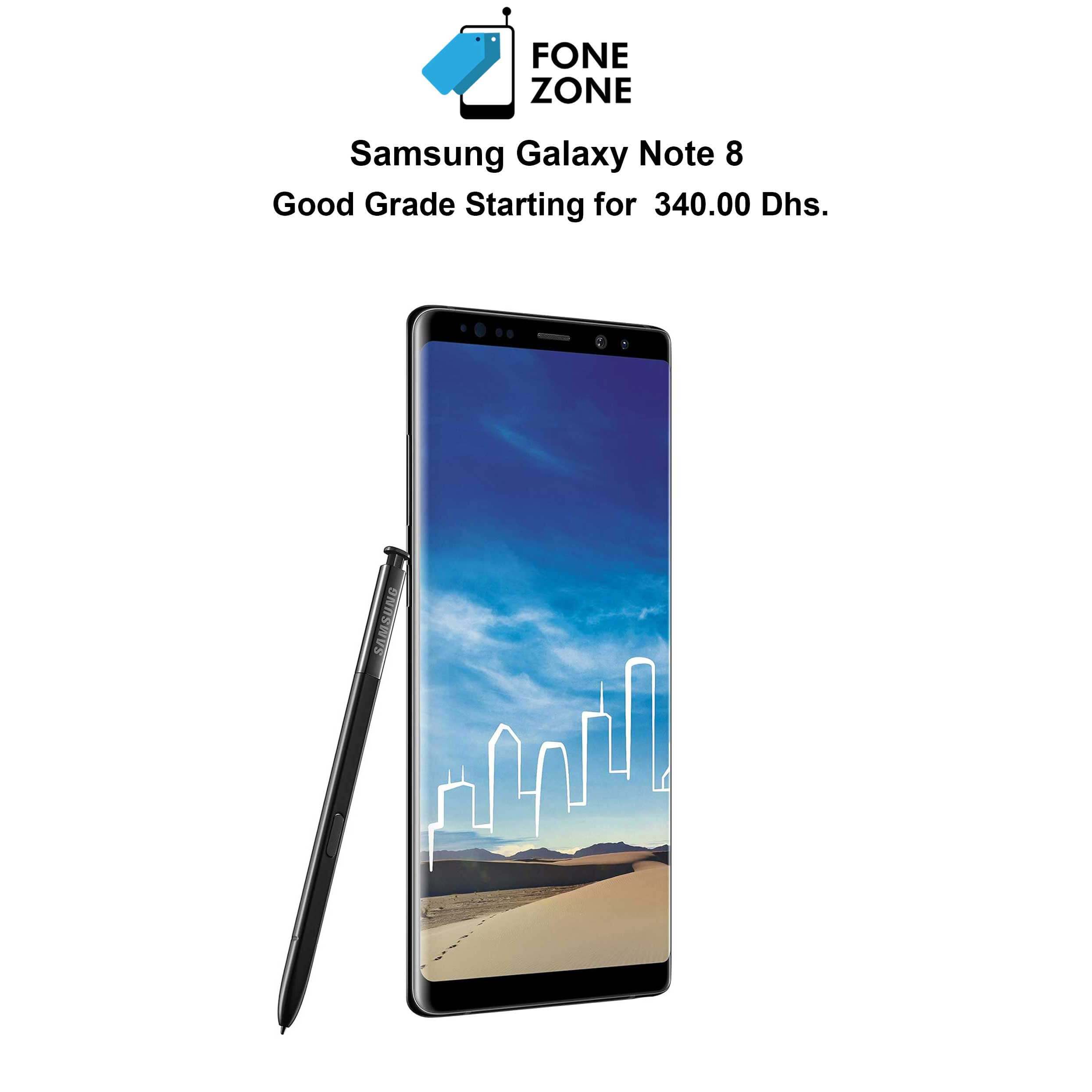 Samsung Galaxy Note 8 smartphone displayed with stylus and city skyline wallpaper, available for 340.00 Dhs.