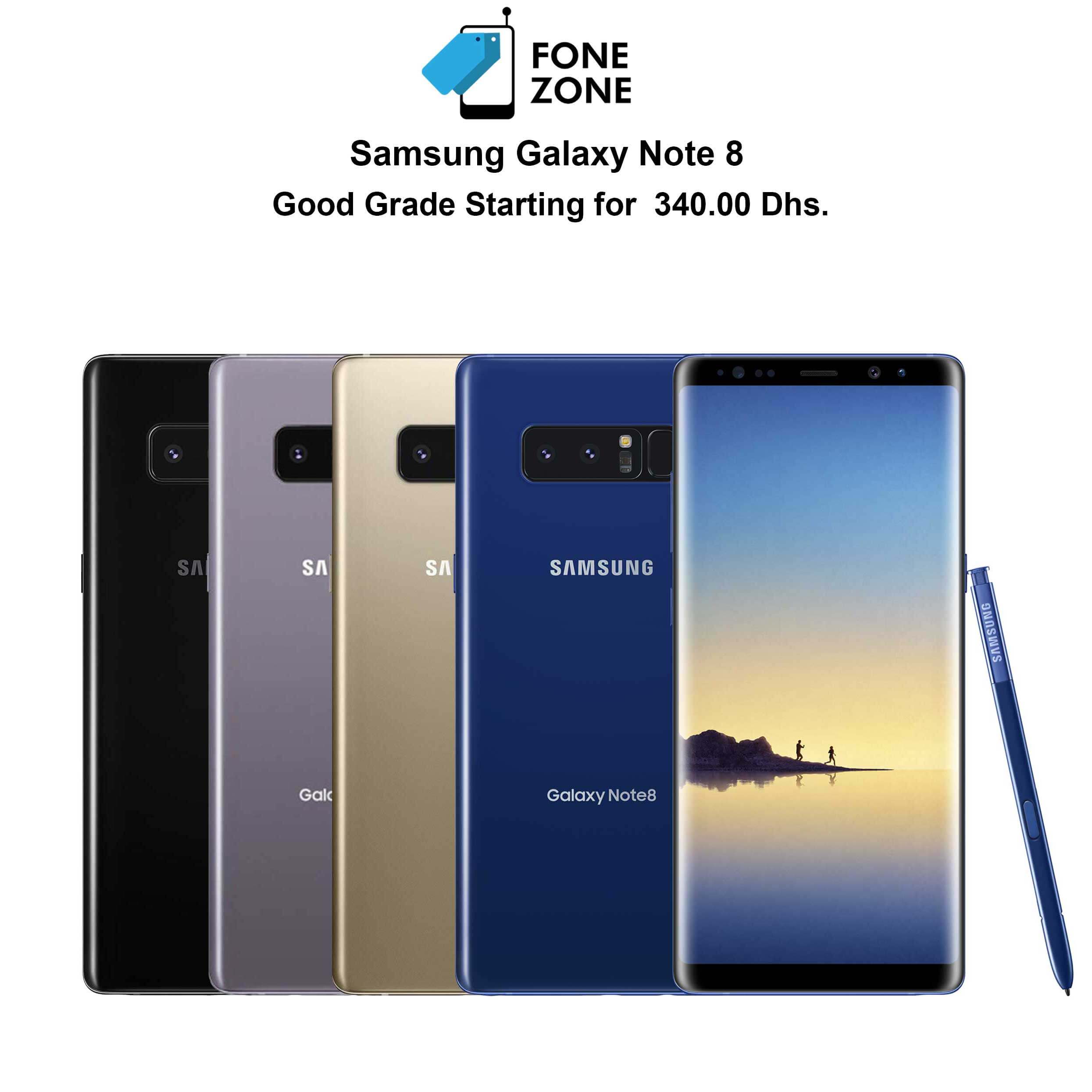 Samsung Galaxy Note 8 64GB in various colors with starting price of 340.00 Dhs. Perfect for dual sim functionality.