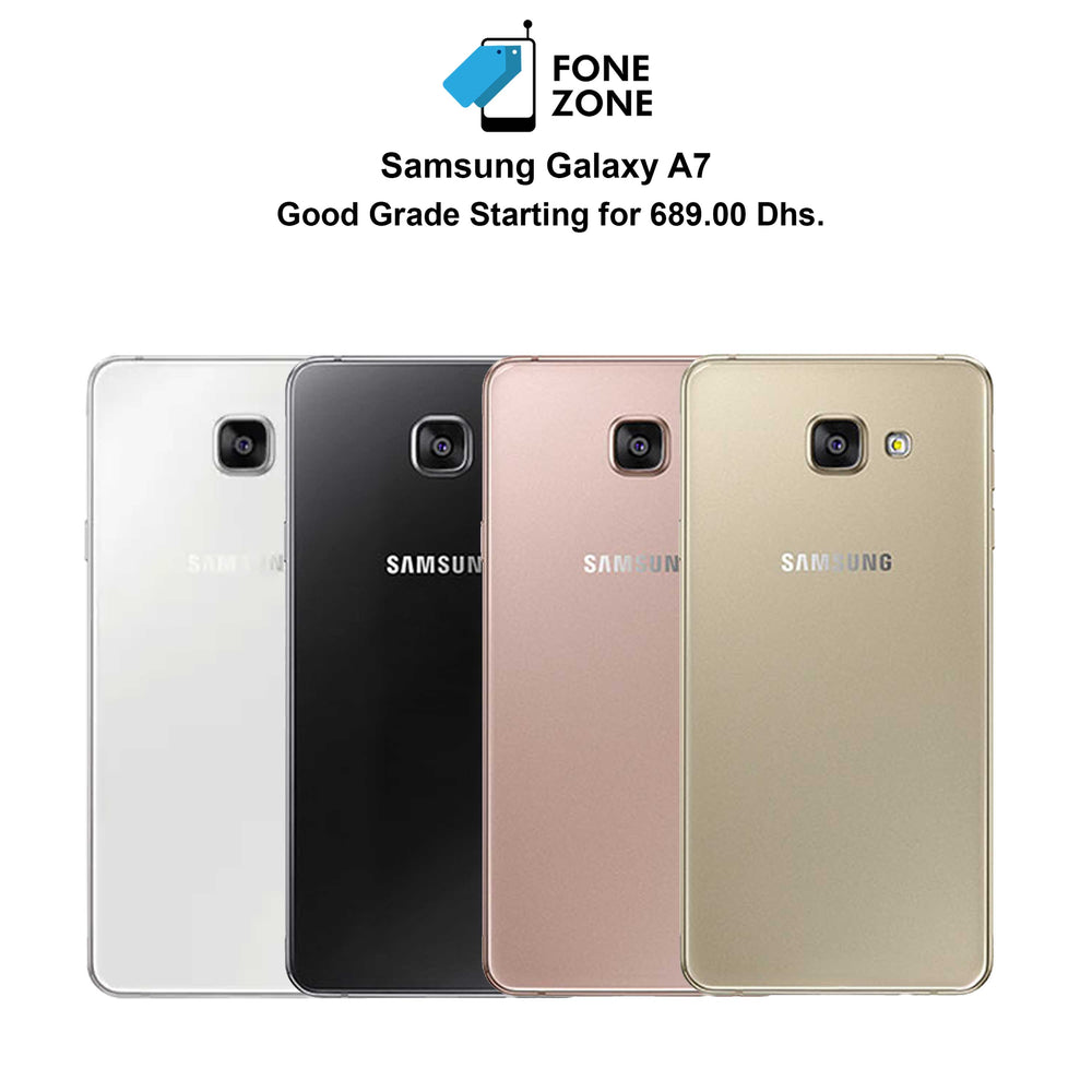 Samsung Galaxy A7 available in white, black, rose gold, and gold colors at Fone Zone for 689.00 Dhs.