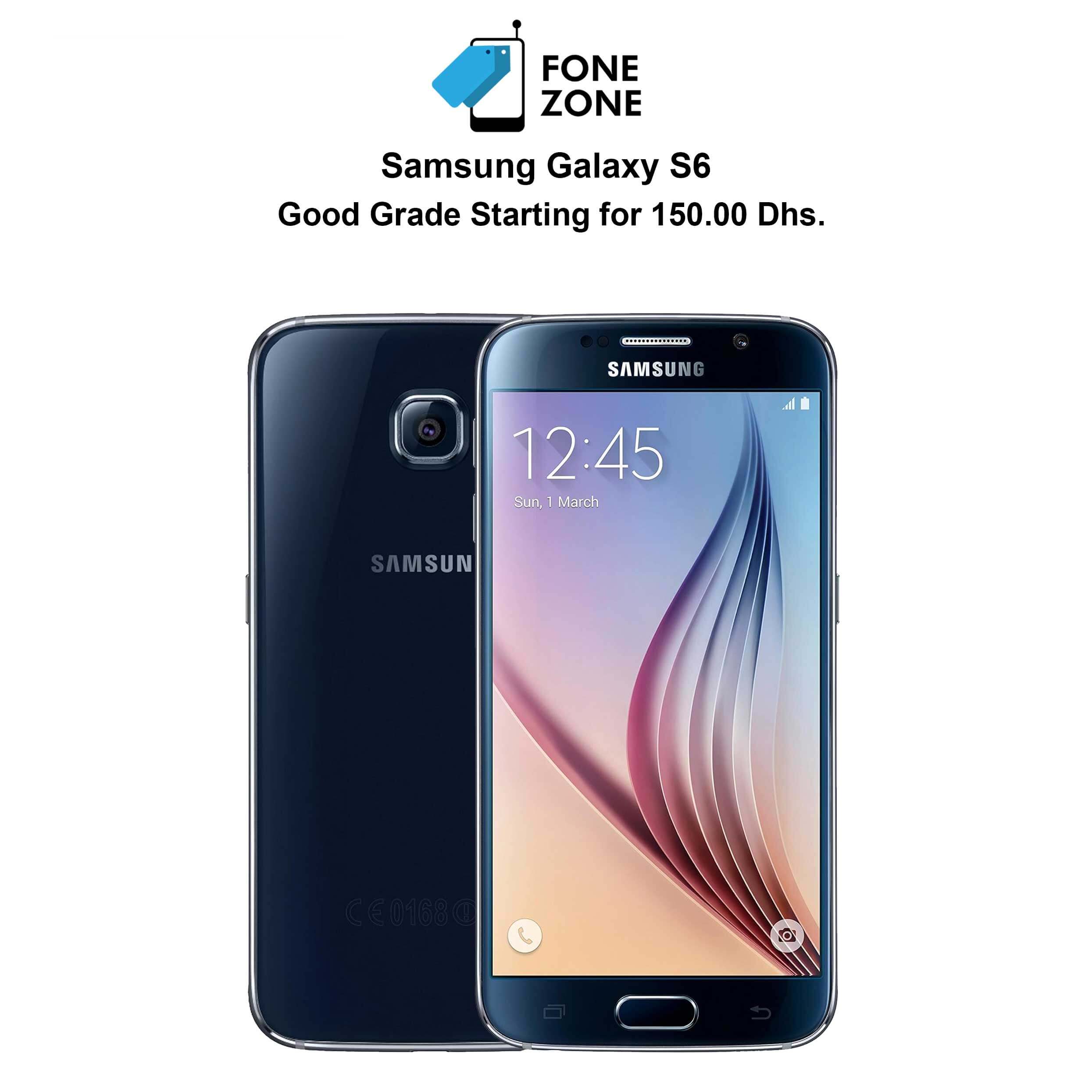 Samsung Galaxy S6 32GB single sim Black Sapphire smartphone front and back view with price details.