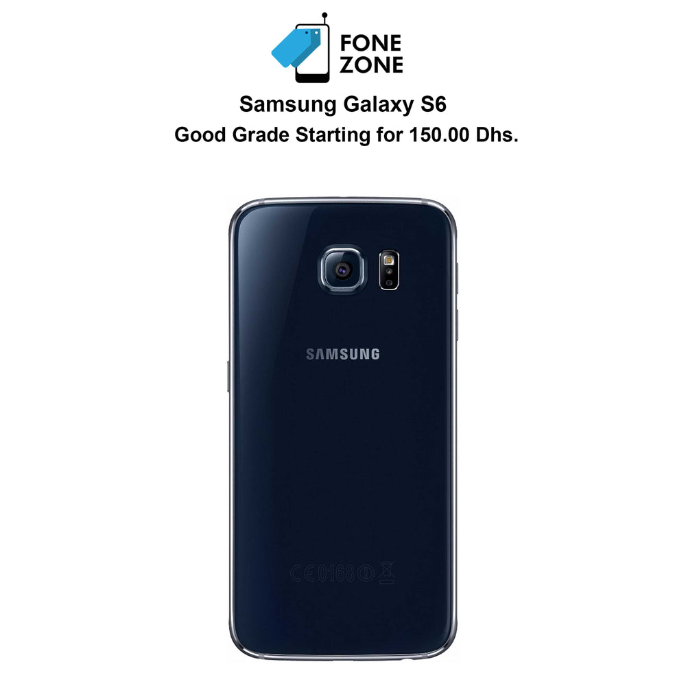 Samsung Galaxy S6 32GB single sim Black Sapphire - Back view with brand logo and price listing.