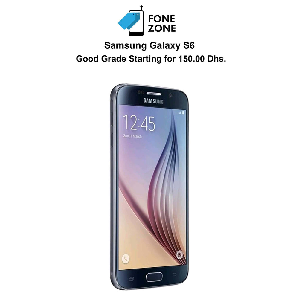 Samsung Galaxy S6 32GB single sim Black Sapphire phone displayed with price at Fone Zone.