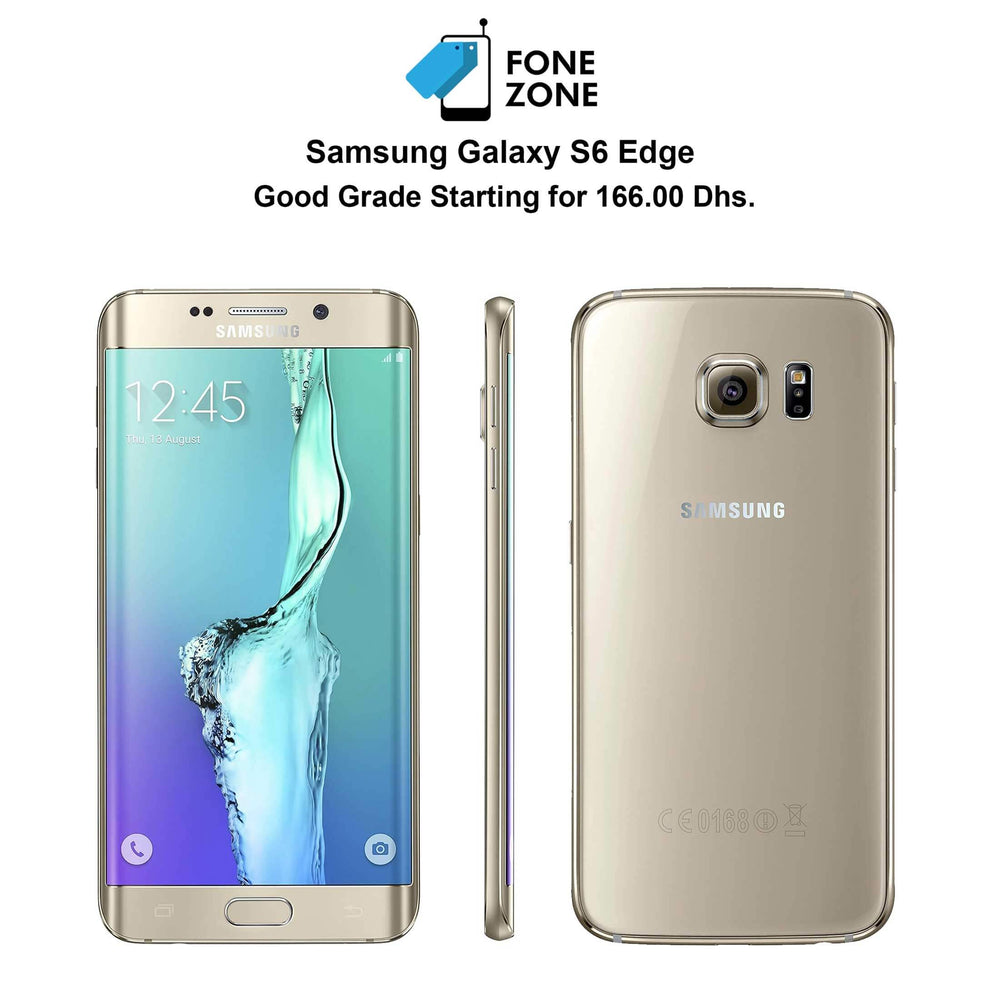 Samsung Galaxy S6 edge displayed from front and side, good grade smartphone, starting at 166.00 Dhs.