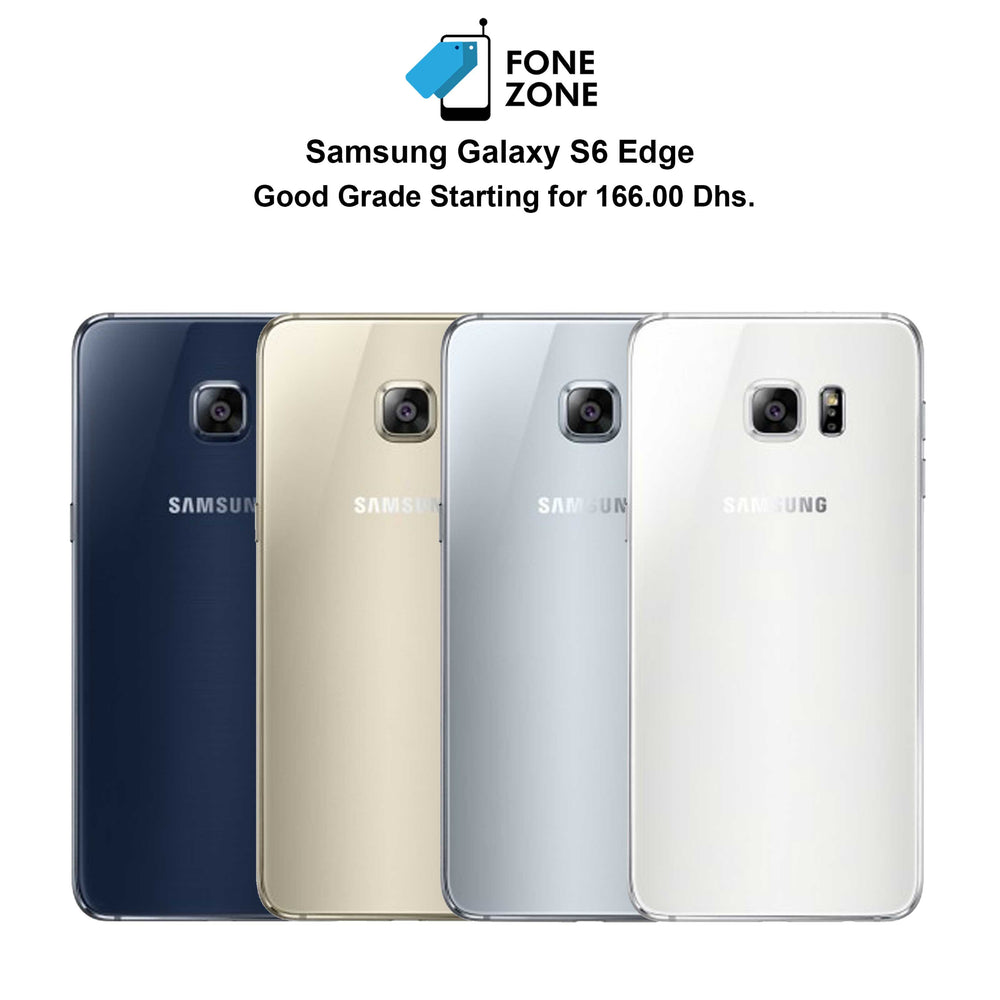 Samsung Galaxy S6 edge in multiple colors, showcasing good grade options starting at 166.00 Dhs.