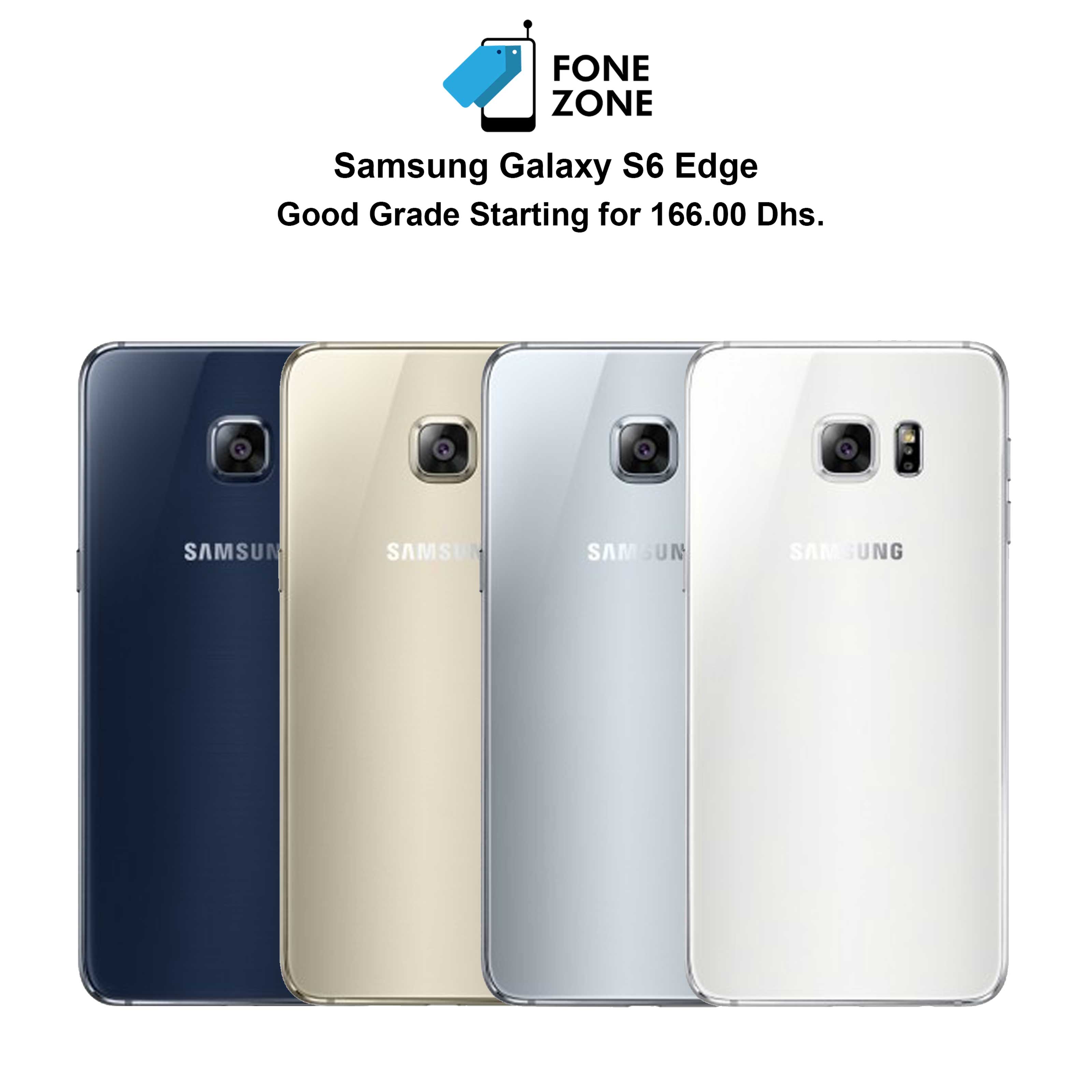 Samsung Galaxy S6 edge in multiple colors, showcasing good grade options starting at 166.00 Dhs.