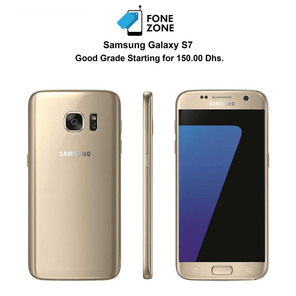 Samsung Galaxy S7 in gold color showcasing front and back design, available for 150 Dhs.