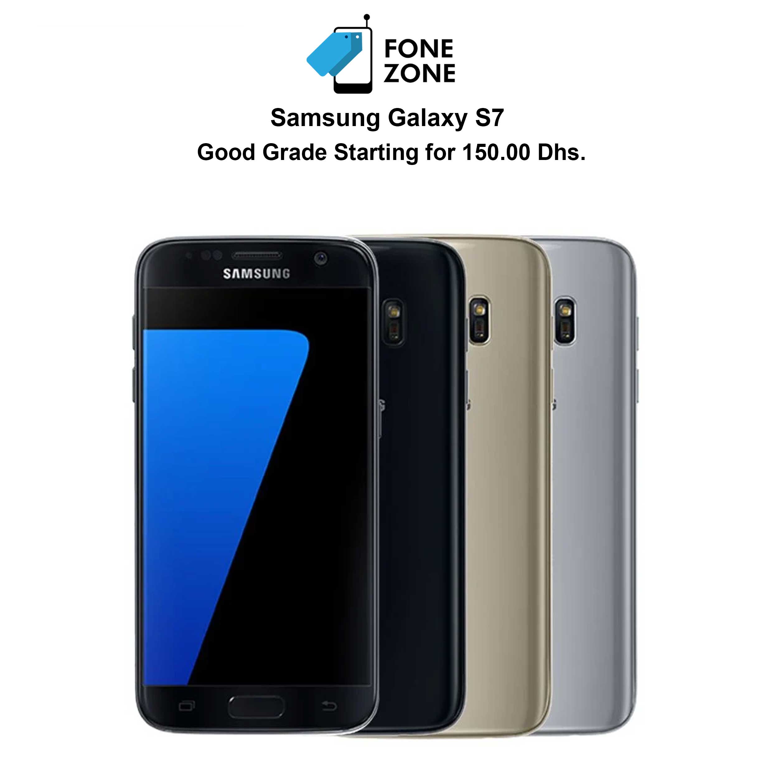 Samsung Galaxy S7 displayed in multiple colors including black, gold, and silver with promotional pricing.