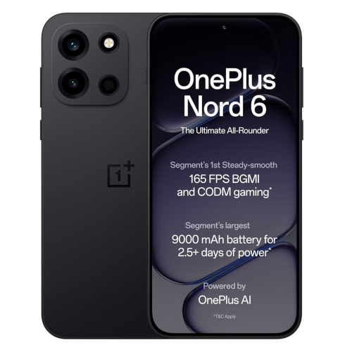 OnePlus Nord 6 5G smartphone featuring a sleek design, 165 FPS gaming, and a 9000 mAh battery for long-lasting power.