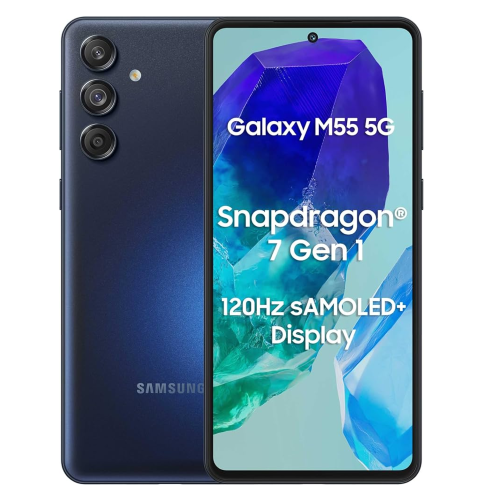 Samsung Galaxy M55 128GB 8GB Ram Dark Blue smartphone featuring Snapdragon 7 Gen 1 and 120Hz sAMOLED+ display.