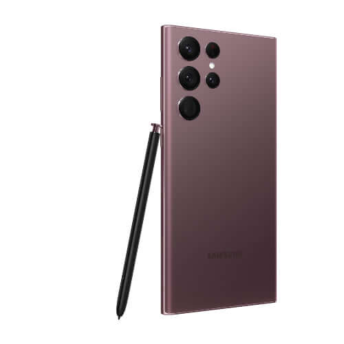 Samsung Galaxy S22 Ultra 5G in burgundy color showing the rear design and S Pen.
