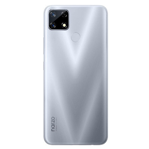 Back view of Realme Narzo 20 smartphone in Glory Silver color highlighting its camera and design features.