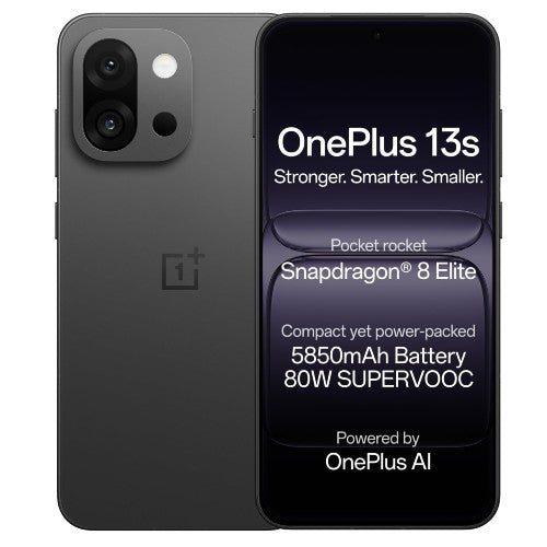 OnePlus 13s smartphone showing the back design, Snapdragon 8 Elite processor, and 5850mAh battery specification.