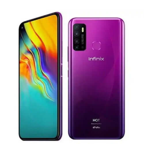 Infinix Hot 9 Pro in purple color showcasing front and back design with sleek display and dual-camera system.