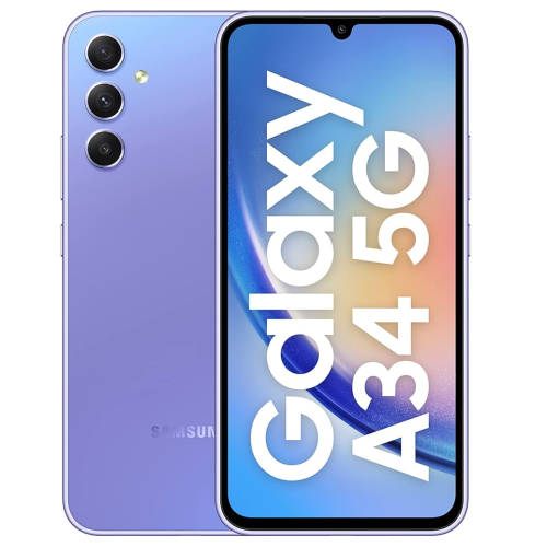 Samsung Galaxy A34 5G in Awesome Violet color shown from front and back with prominent display.