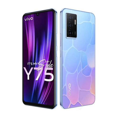 Vivo Y75 smartphone with 128GB storage, 8GB RAM, and sleek blue design, showcasing its stylish features.