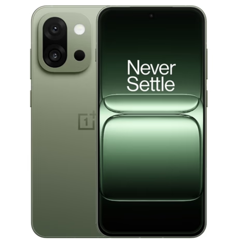 Oneplus 13s smartphone in green color displaying 'Never Settle' on screen with dual camera design.