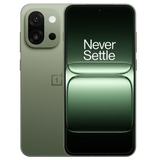 Oneplus 13s smartphone in green color displaying 'Never Settle' on screen with dual camera design.