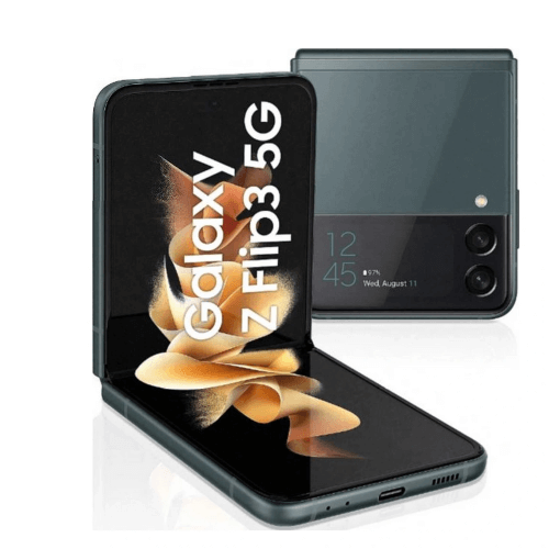 Samsung Galaxy Flip 3 shown in open and closed positions, showcasing its stylish design and features.