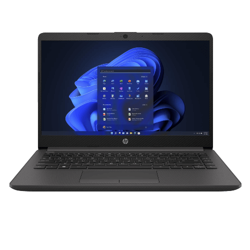 HP 240 G8 laptop with Intel Core i5 11th Generation display, showcasing Windows interface on a sleek black design.