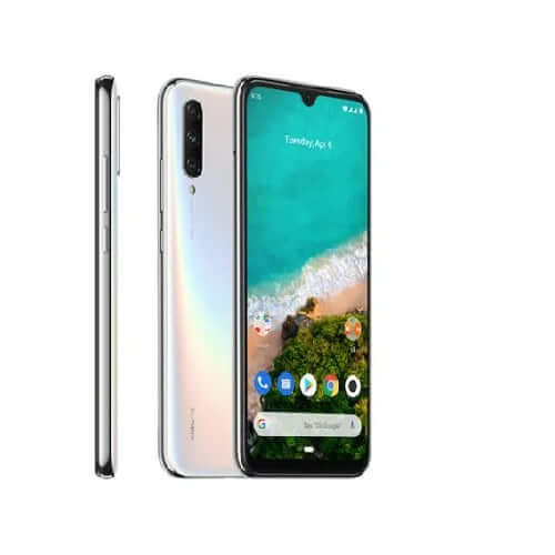 Xiaomi Mi A3 smartphone showcasing a 6.09-inch display and sleek design with front and back view.