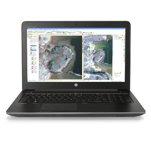 HP 15 G3 gaming laptop displaying imaging software with two detailed maps on screen.