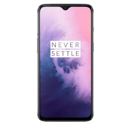 Oneplus 7 smartphone display featuring a vibrant color gradient and 'NEVER SETTLE' slogan on screen.