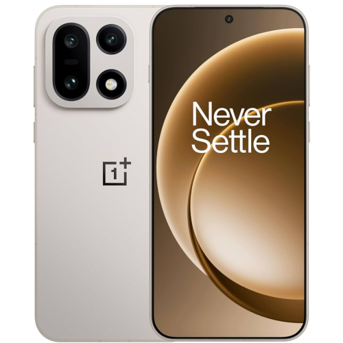 Oneplus 15 5G smartphone in Sand Storm color displaying its back and front design, featuring dual cameras.