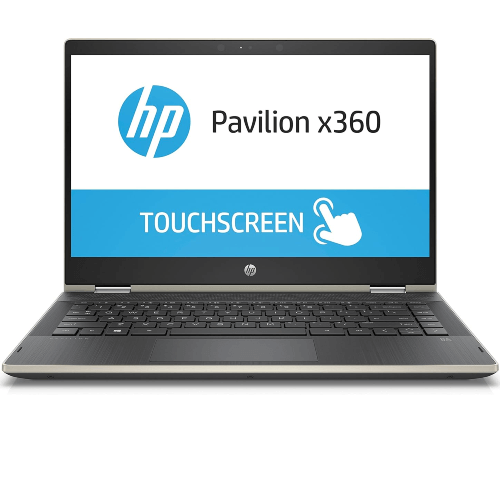 HP Pavilion x360 laptop with touchscreen feature displayed on the screen.