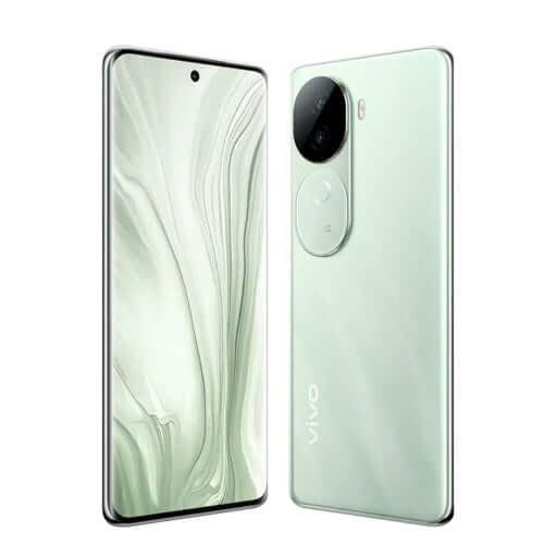 Vivo V40E smartphone in light green color showcasing its sleek design and dual camera features