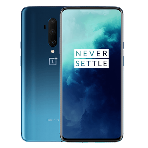 Oneplus 7T Pro smartphone in blue color showcasing its front and back design with the 'NEVER SETTLE' slogan.