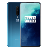 Oneplus 7T Pro smartphone in blue color showcasing its front and back design with the 'NEVER SETTLE' slogan.
