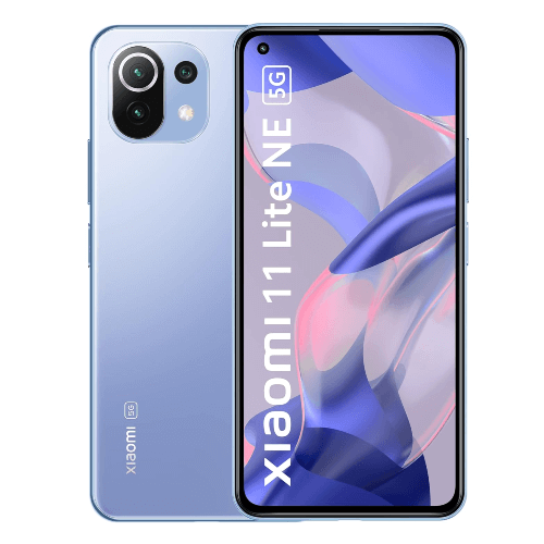 Xiaomi MI 11 Lite NE 5G smartphone showing front and back view in blue color with specifications highlighted.