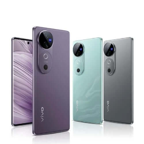 Vivo V40E smartphones displayed in three colors, showcasing sleek design and modern features.