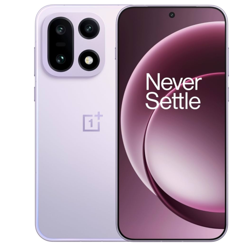 Oneplus 15 5G smartphone in violet color showcasing front and back design with Never Settle slogan.