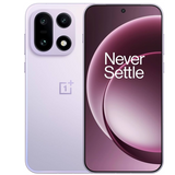 Oneplus 15 5G smartphone in violet color showcasing front and back design with Never Settle slogan.