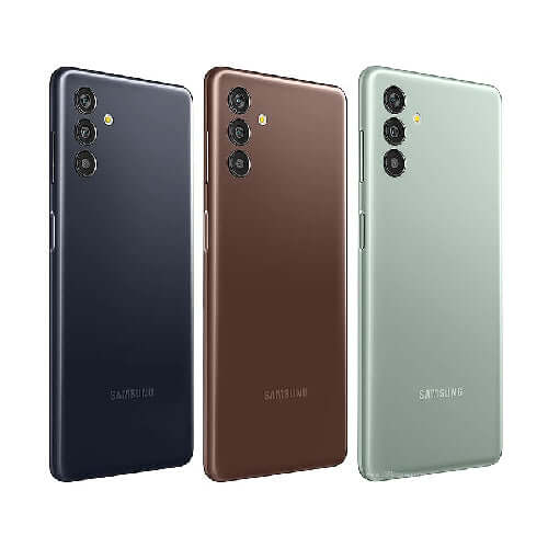 Samsung Galaxy M13 available in three colors: navy blue, brown, and green, showcasing its sleek design and modern features.