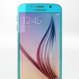 Samsung Galaxy S6 displayed in Blue Topaz color with time and date on screen.