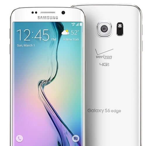 Samsung Galaxy S6 edge white pearl model with striking display and camera features.
