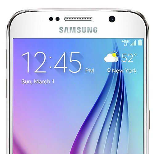 Samsung Galaxy S6 edge display showing time, weather, and date