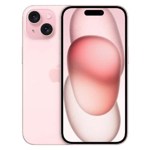 Apple iPhone 15 Plus front and back view in pink with advanced features and sleek design.