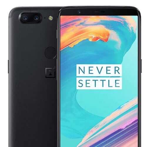 Oneplus 5T smartphone showcasing the vibrant display and sleek design with the phrase 'NEVER SETTLE' visible.