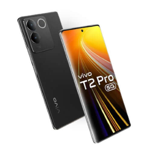 Vivo T2 Pro 5G smartphone showcasing its sleek design and vibrant display, featuring 128GB storage and 8GB RAM.