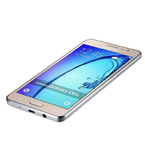 Samsung Galaxy On5 smartphone displaying a blue water-themed background with the time and messaging icon on the screen.