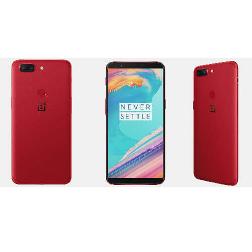 Oneplus 5T smartphone in red color, showcasing front and back design with screen displaying 'NEVER SETTLE'
